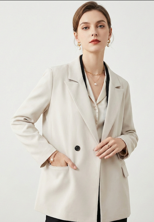MAISON AMÉVIE Cassandre Longline Blazer Ivory White — Parisian Professional Blazer Women — Structured Canvas Construction